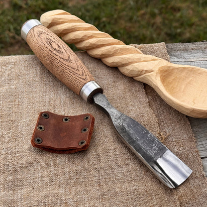 Hand-forged straight gouge rounded chisel with ash handle for wood carving