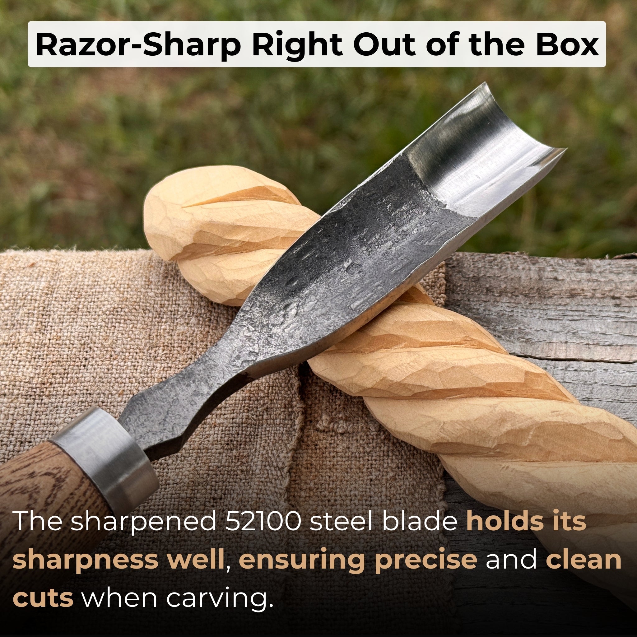 Hand-forged straight gouge rounded chisel with ash handle for wood carving