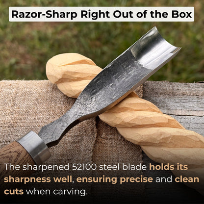 Hand-forged straight gouge rounded chisel with ash handle for wood carving