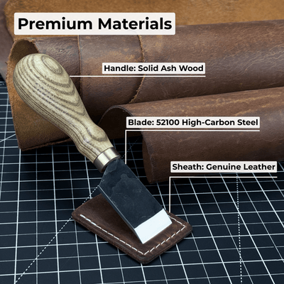 FST Hand-Forged Straight Leather Skiving Knife with 3 cm blade and ash wood handle