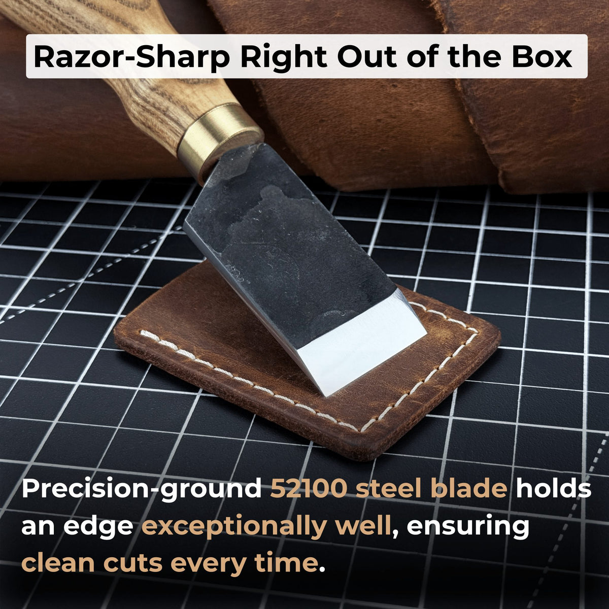 FST Hand-Forged Straight Leather Skiving Knife with 3 cm blade and ash wood handle