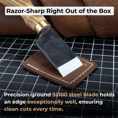 FST Hand-Forged Straight Leather Skiving Knife with 3 cm blade and ash wood handle