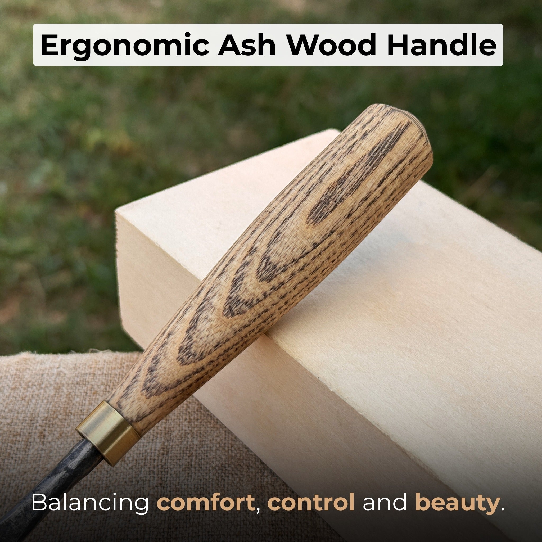 Straight wood carving gouge with ash wood handle and high-carbon steel blade, available in 5 mm and 12 mm widths