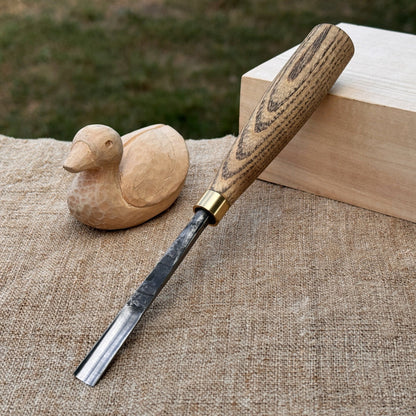 Straight wood carving gouge with ash wood handle and high-carbon steel blade, available in 5 mm and 12 mm widths