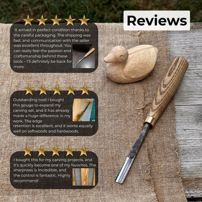 Straight wood carving gouge with ash wood handle and high-carbon steel blade, available in 5 mm and 12 mm widths