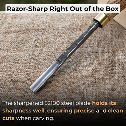Straight wood carving gouge with ash wood handle and high-carbon steel blade, available in 5 mm and 12 mm widths