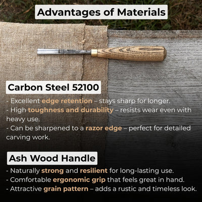 Straight wood carving gouge with ash wood handle and high-carbon steel blade, available in 5 mm and 12 mm widths
