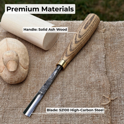 Straight wood carving gouge with ash wood handle and high-carbon steel blade, available in 5 mm and 12 mm widths
