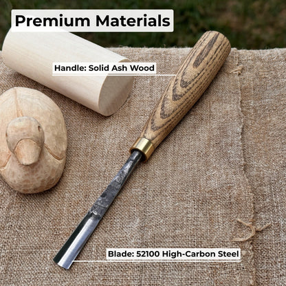 Straight wood carving gouge with ash wood handle and high-carbon steel blade, available in 5 mm and 12 mm widths