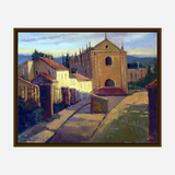 Oil painting of a sunlit narrow street leading past a tan stone church with a red roof, bordered by a fence and houses under a blue sky with soft clouds.