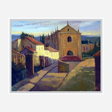 Painting of a sunlit Portuguese street featuring a prominent church with a triangular roof and a surrounding path bordered by low walls and houses under a pastel sky.