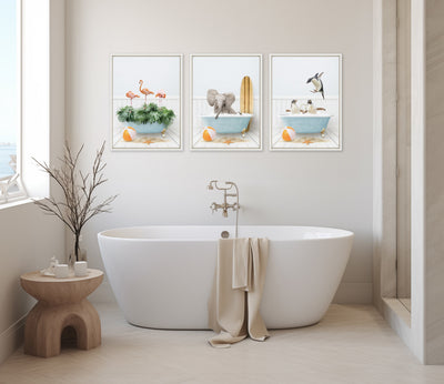 Sylvie Three Penguins Beach House Bath Framed Canvas by Amy Peterson