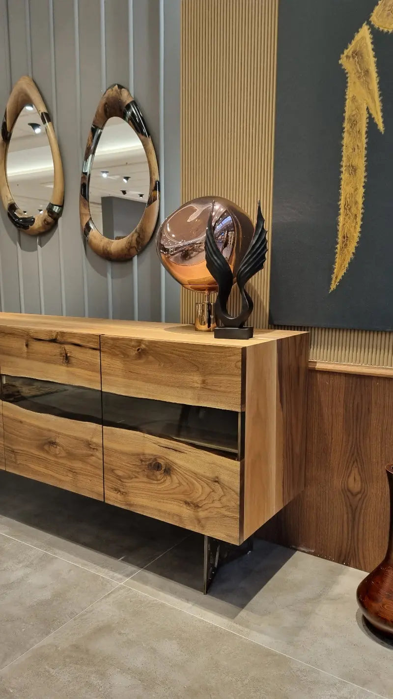 Handcrafted epoxy resin and walnut mirrors in round and teardrop shapes