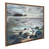 Soft, misty seascape painting featuring a luminous moonlit sky, shimmering water, and scattered rocks along the shoreline, framed in a simple brown wooden frame.