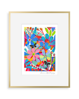 Colorful floral artwork featuring large blue, pink, orange, and green flowers with intricate patterns and small butterflies against a white background, framed in gold.