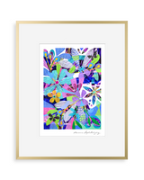 Colorful floral print featuring abstract flowers with bold blue, purple, green, and pink hues, framed with a wide white mat and thin gold frame.
