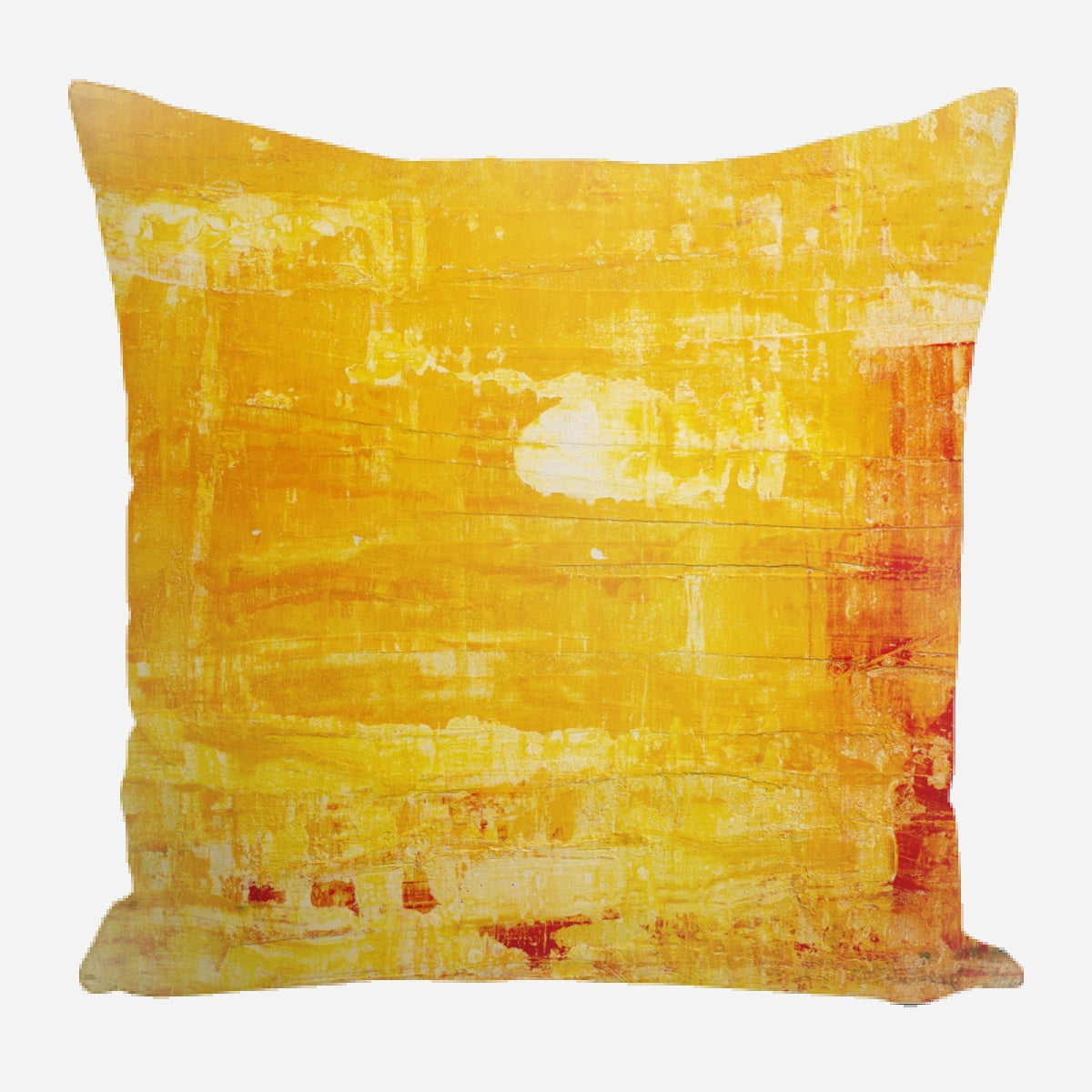 Square pillow with abstract yellow and orange gradient pattern featuring textured brush strokes and a subtle white highlight near the center.