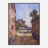 Impressionistic painting of a sunlit winding path between stone buildings and a garden pot, leading uphill under a pale blue sky, framed in black.