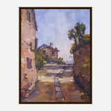 Oil painting of a sunlit cobblestone path flanked by rustic buildings and greenery under a bright blue sky with soft clouds.