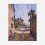 Impressionist style painting of a sunlit narrow path flanked by weathered stone buildings and a tree casting shadows, featuring warm earth tones and soft sky hues.