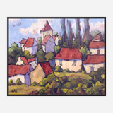 Impressionistic painting of a village with red rooftops, white buildings, tall cypress trees, and a blue sky with fluffy clouds.