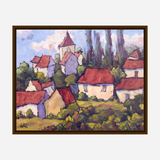 Colorful impressionist painting of a village with red-roofed houses, tall cypress trees, and a cloudy blue sky, framed in dark wood.