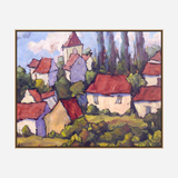 Oil painting of a village with red rooftops, beige walls, and tall green trees under a partly cloudy sky, framed in thin wood.
