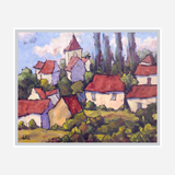 Impressionistic painting of a village scene with red-roofed houses, tall slender trees, and a sky with fluffy clouds in soft pastel colors.