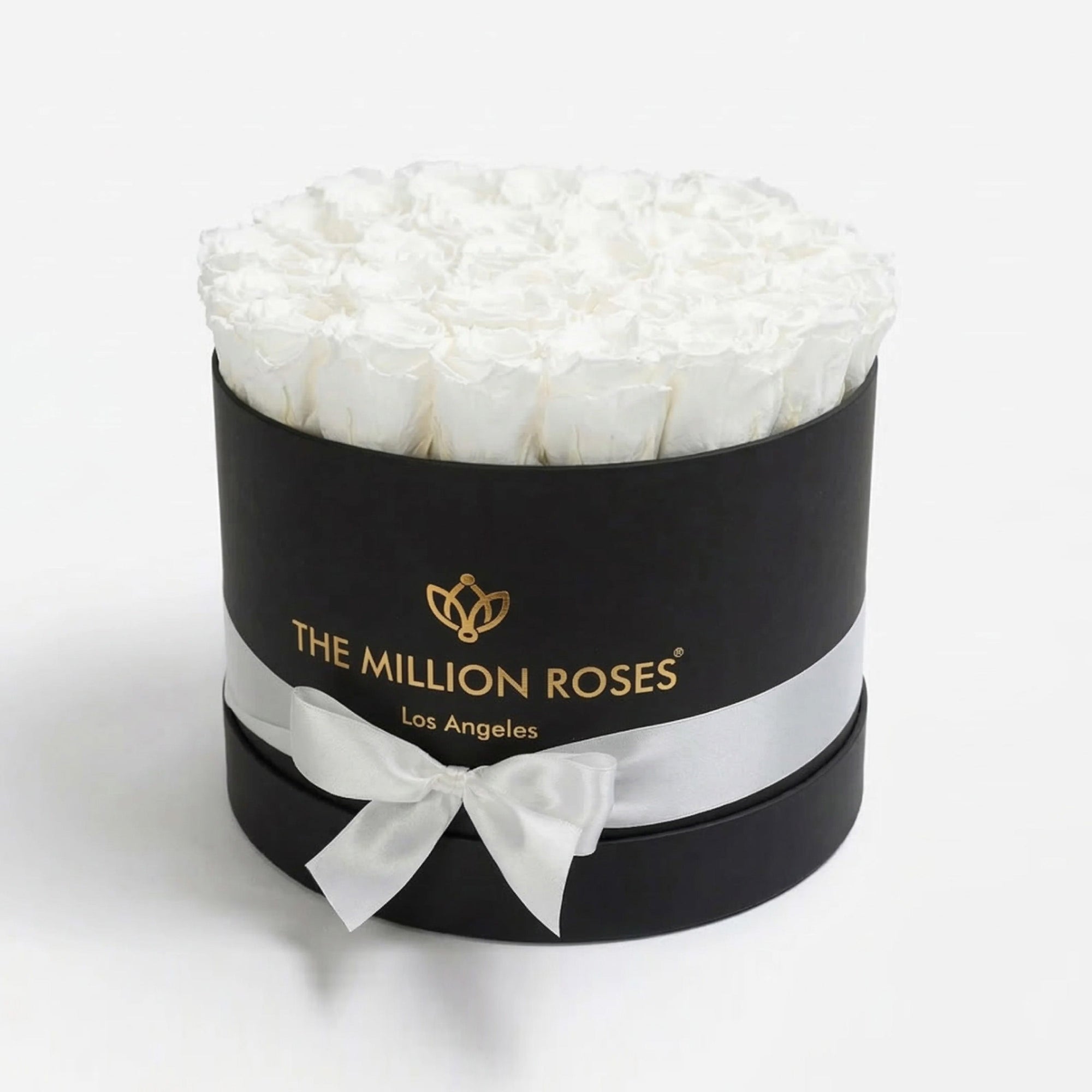Black box containing 26-28 preserved white roses arranged closely