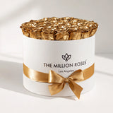 Supreme White Box containing 26-28 gold preserved roses in a white box