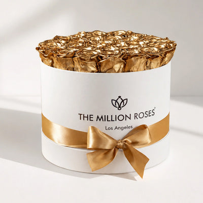 Supreme White Box containing 26-28 gold preserved roses in a white box