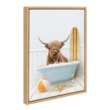 Framed canvas showing a brown Highland cow sitting in a light blue clawfoot bathtub filled with bubbles, next to a wooden surfboard and an orange-white beach ball on a white wooden floor.