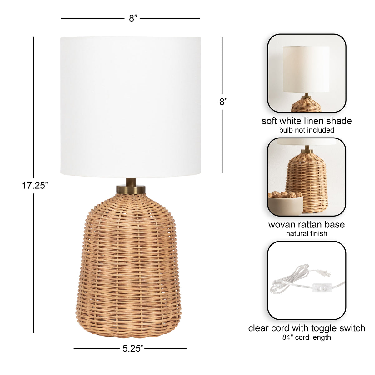 Table lamp with a woven natural rattan base shaped like a rounded bottle and an 8-inch soft white linen drum shade.