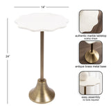 Small side table with 14-inch white scalloped marble top and 24-inch antique brass metal base with flared bottom, shown upright with detailed close-ups.