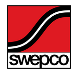 Red square with a white and black curving stripe across it above black lowercase text 'swepco' on a white background