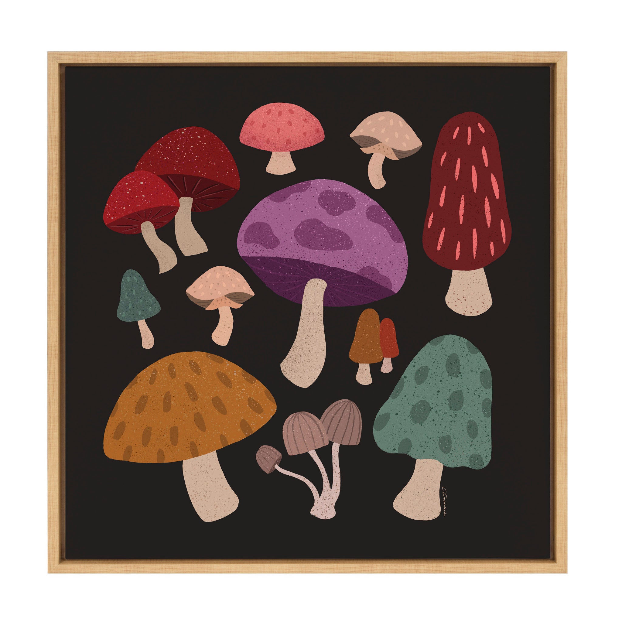 Sylvie Forest Mushrooms Dark Framed Canvas by Carey Copeland