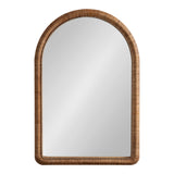 Arched wall mirror with a warm, medium brown beaded frame showcasing a textured, woven appearance and smooth reflective glass surface.