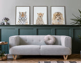 Three framed animal portraits—tiger, cheetah, and lion—mounted above a light gray sofa with wooden legs and a round cushion in a modern living room with green wainscoting.