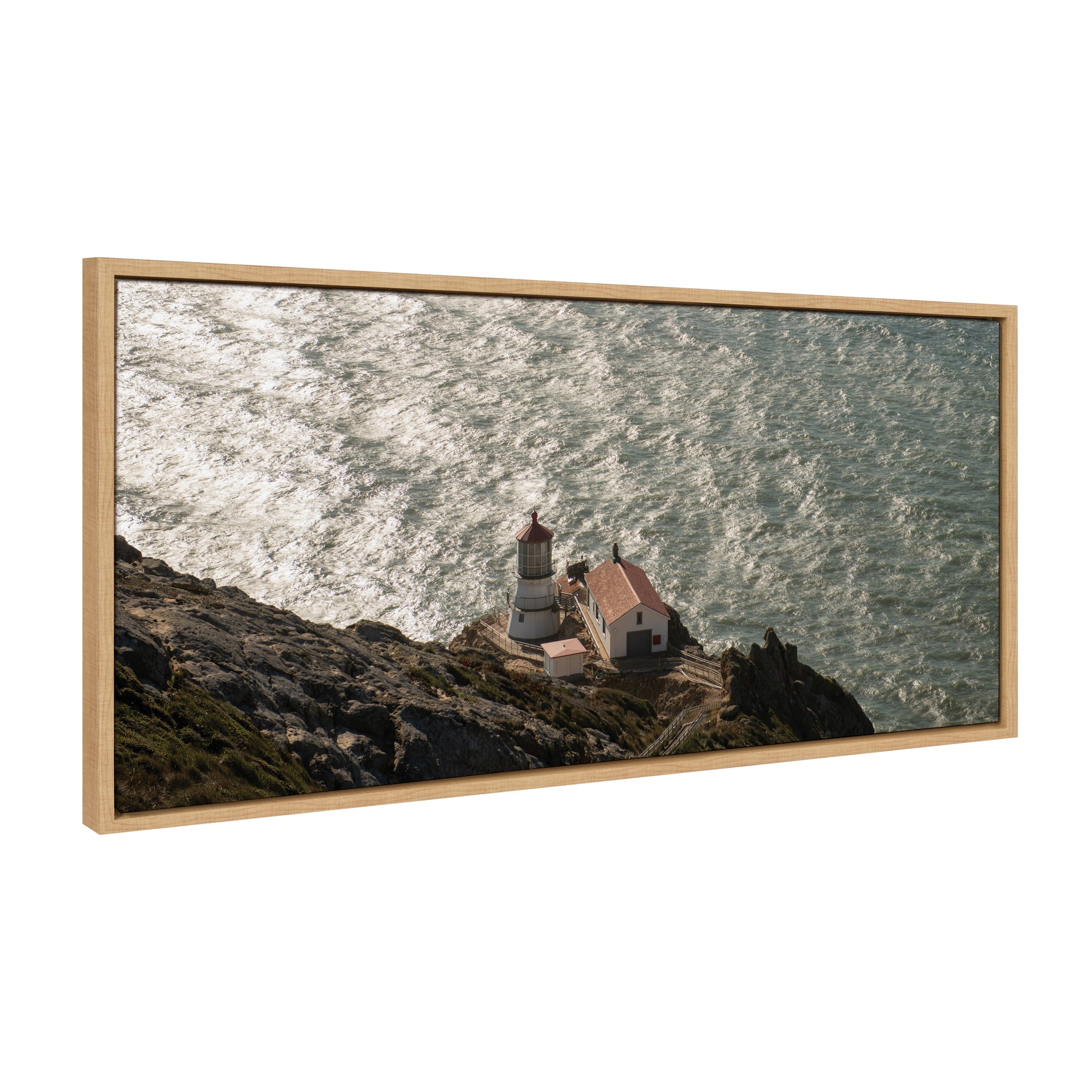 Framed floating canvas art of Point Reyes Lighthouse by Crystal Lynn Collins, featuring a coastal scene with soft natural light