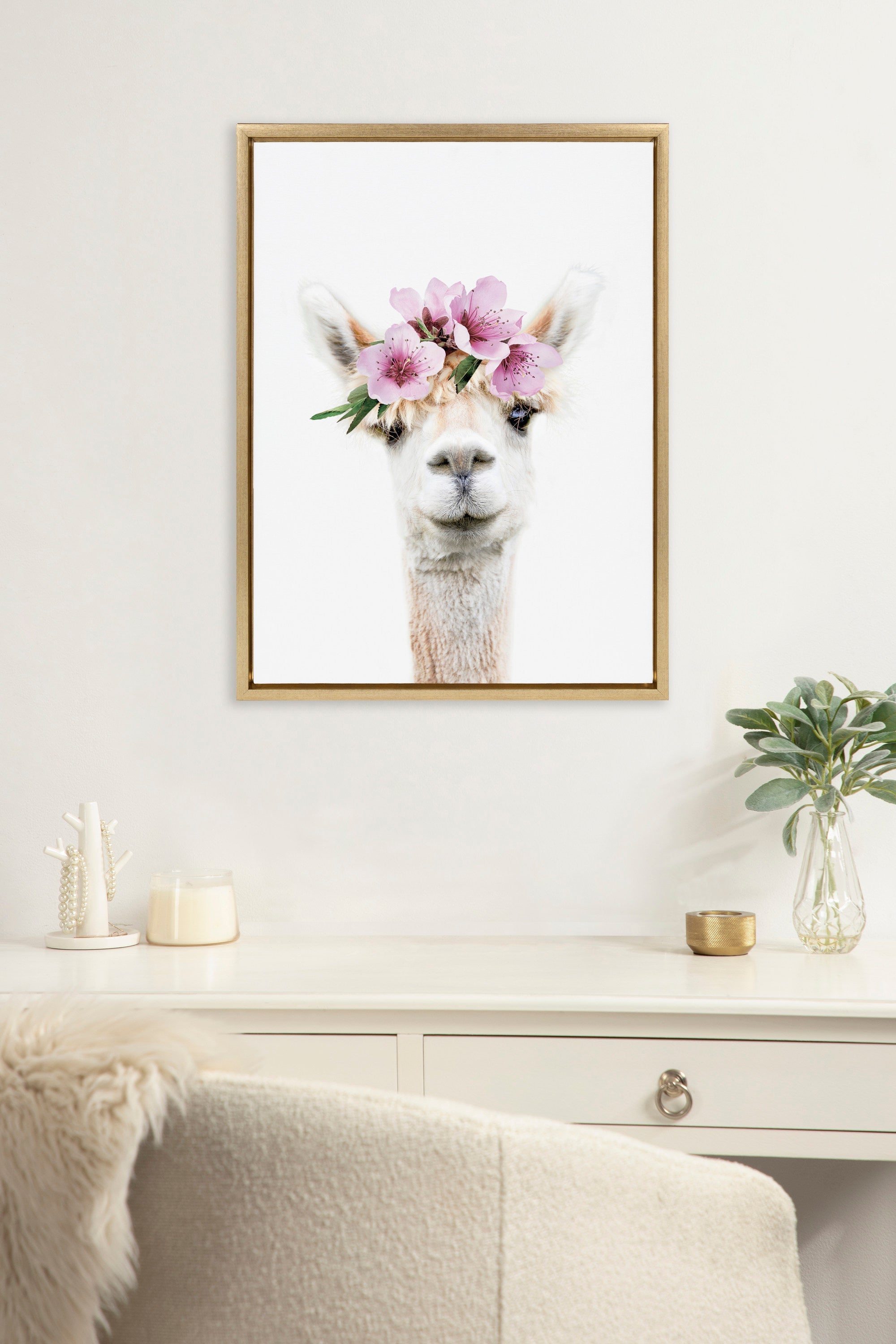 Sylvie Flower Crown Alpaca Framed Canvas by Amy Peterson Art Studio