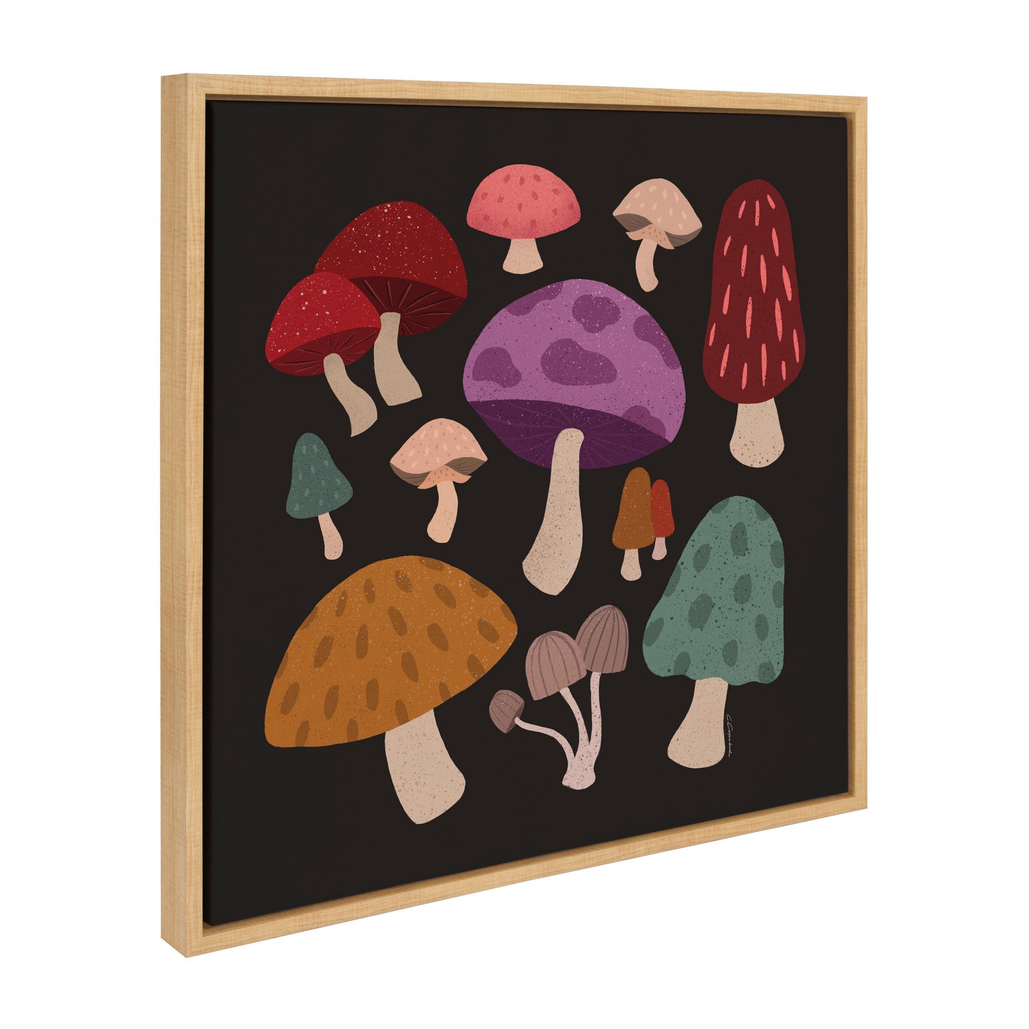 Sylvie Forest Mushrooms Dark Framed Canvas showing mushroom motifs in natural tones within a dark frame.