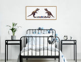 Black metal bed with white linens and blue pillows, flanked by two black nightstands; framed artwork above shows two brown T-Rex dinosaurs facing toy cars.