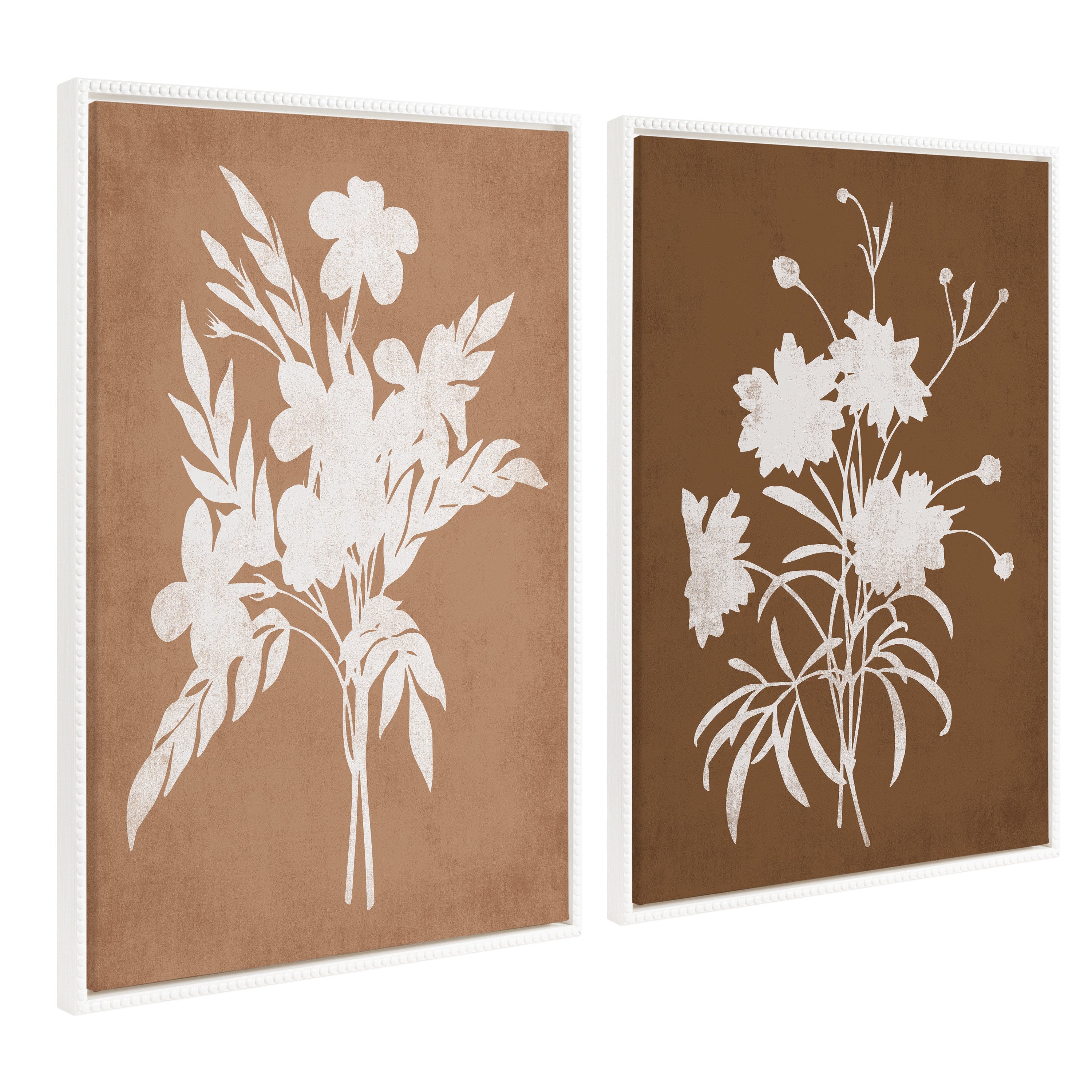 Sylvie Beaded Spring Floral Silhouette 2 Clay White and Spring Floral Silhouette 11 Bark White Framed Canvas Art Set by Heather Dutton