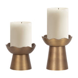 Gold Alessia Metal Pillar Candle Holder Set with scalloped edges on a white surface