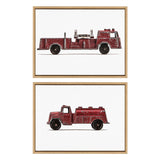 Framed canvas art set of red vintage toy fire engine and red vintage toy water truck by Saint and Sailor Studios