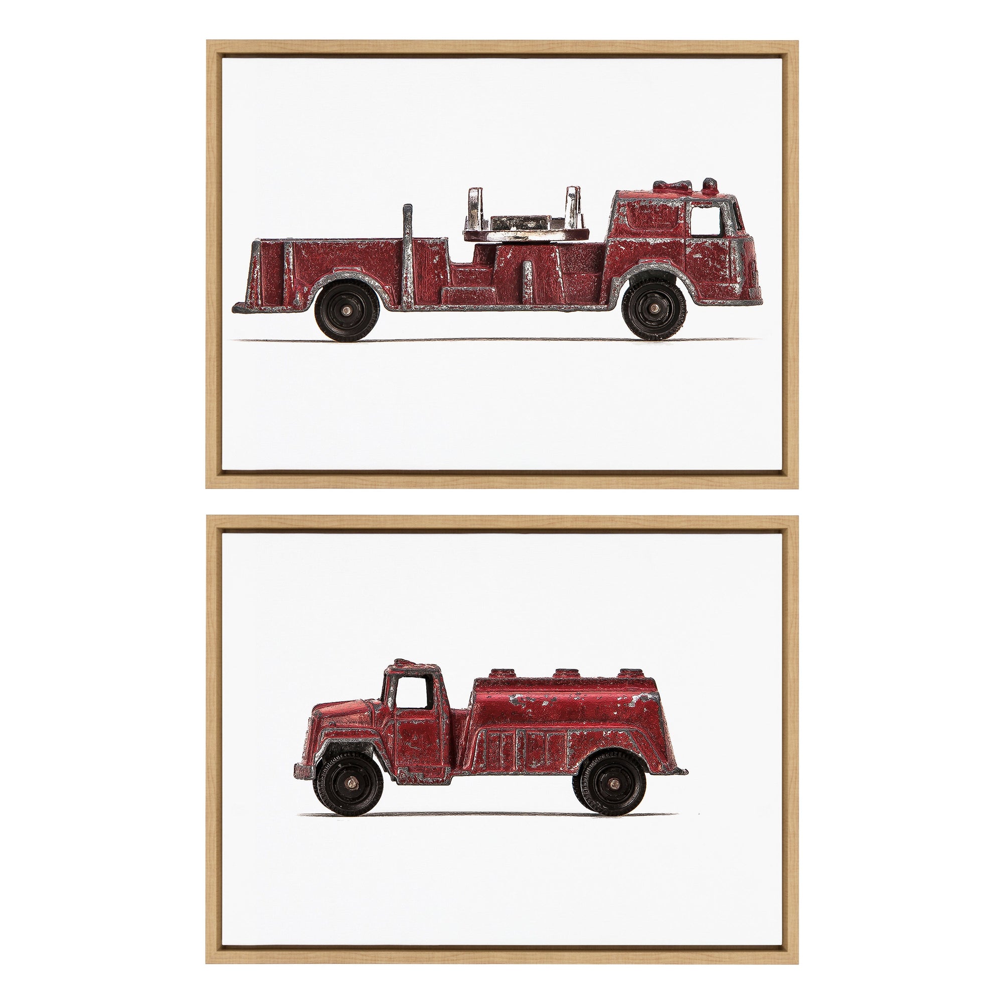 Framed canvas art set of red vintage toy fire engine and red vintage toy water truck by Saint and Sailor Studios