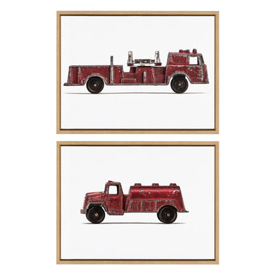 Framed canvas art set of red vintage toy fire engine and red vintage toy water truck by Saint and Sailor Studios