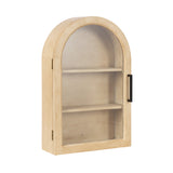 Light wood wall cabinet with an arched top and two shelves behind a clear glass door with a black vertical handle on the right side.