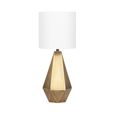 Marcedes Table Lamp with faceted geometric base and white linen drum shade