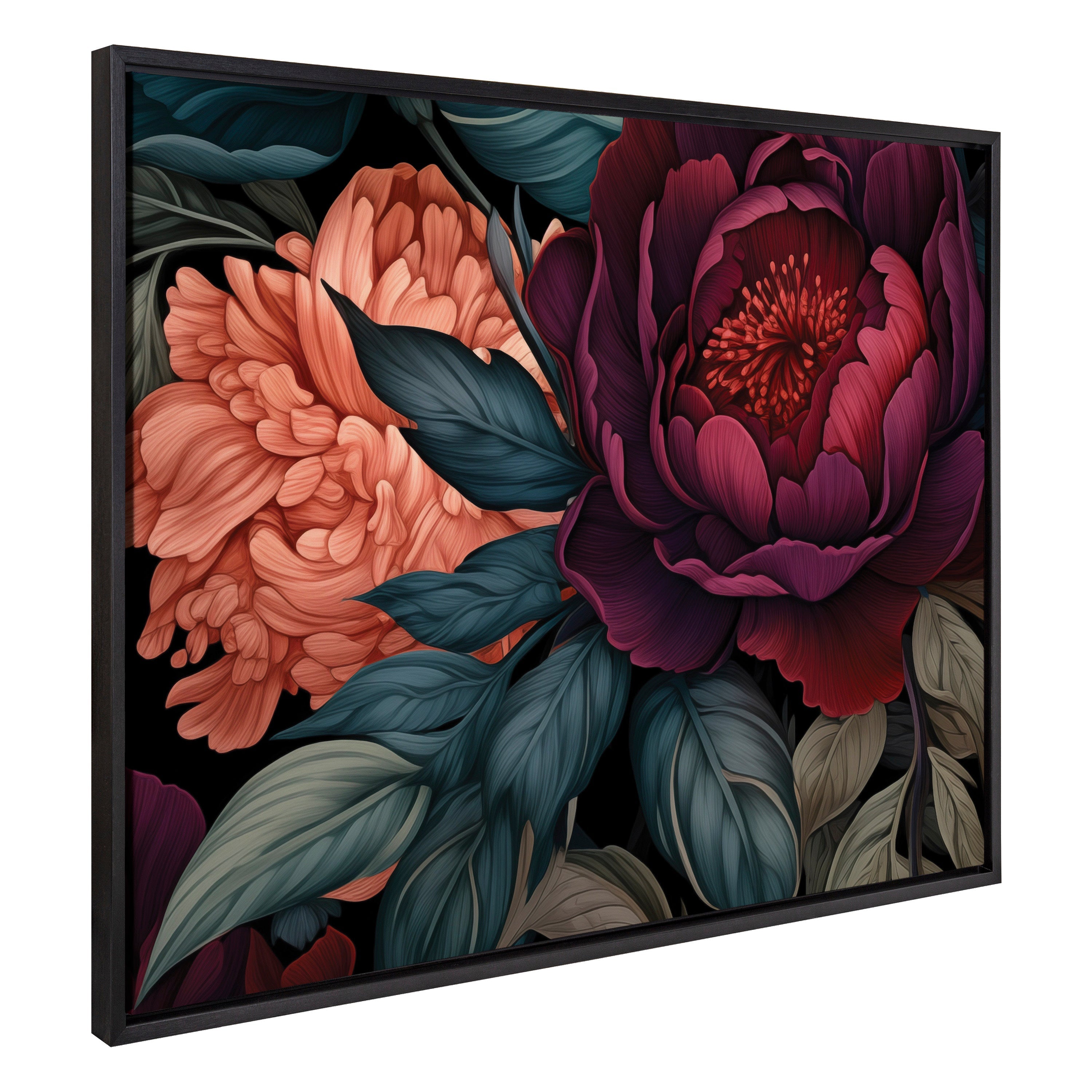 Sylvie Dark Academia Floral in Rich Jewel Tones Framed Canvas by The Creative Bunch Studio
